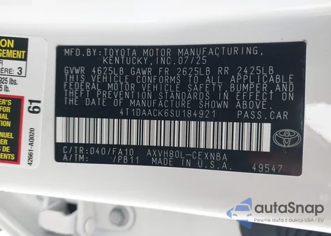 2025 Toyota Camry Le from USA, damaged, VIN 4T1DAACK6SU184921